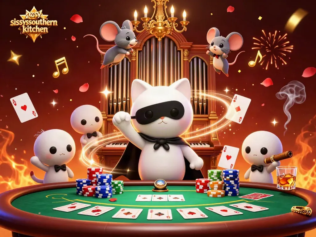 Sissy's Southern Kitchen showcases a vibrant casino scene with a phantom cat and acrobat, emphasizing casino excitement.