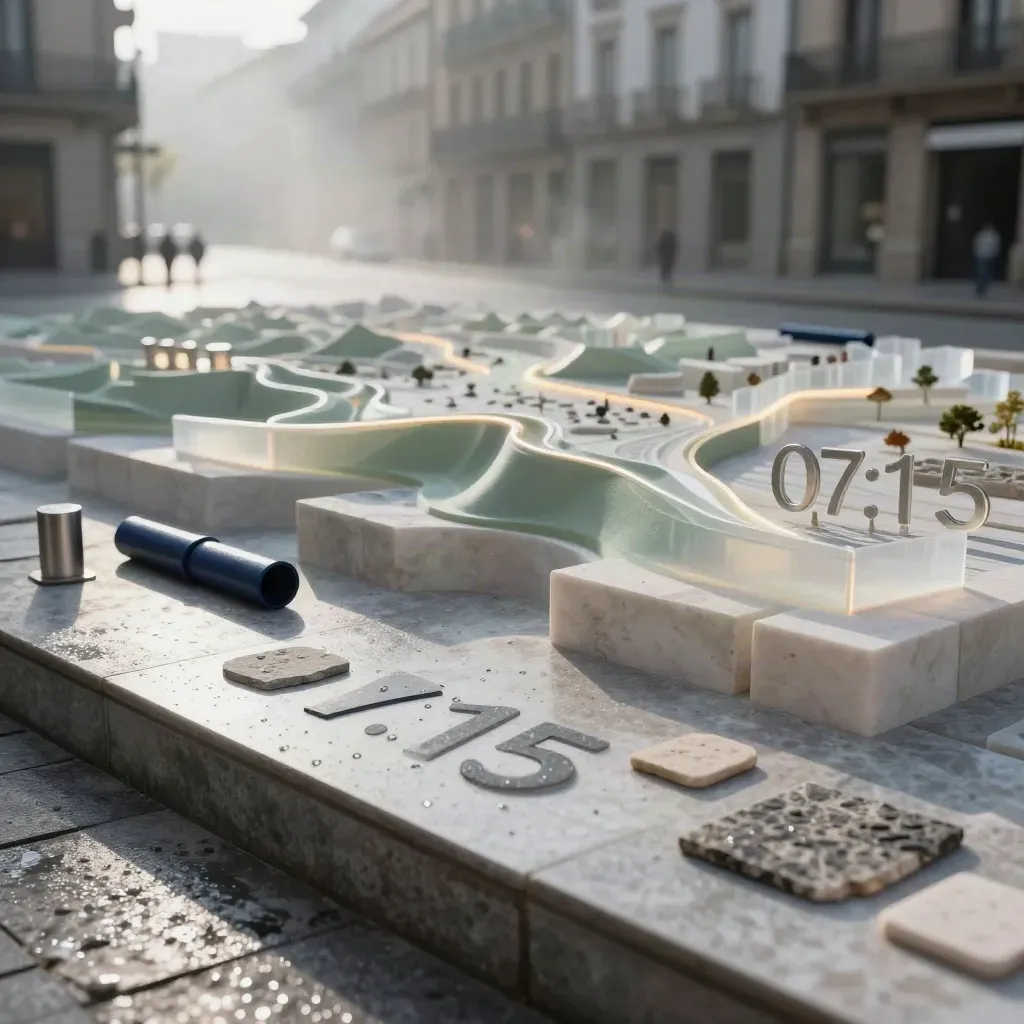 Maqueta territorial de Navarra en obra municipal al amanecer, con niebla y luz rasante.