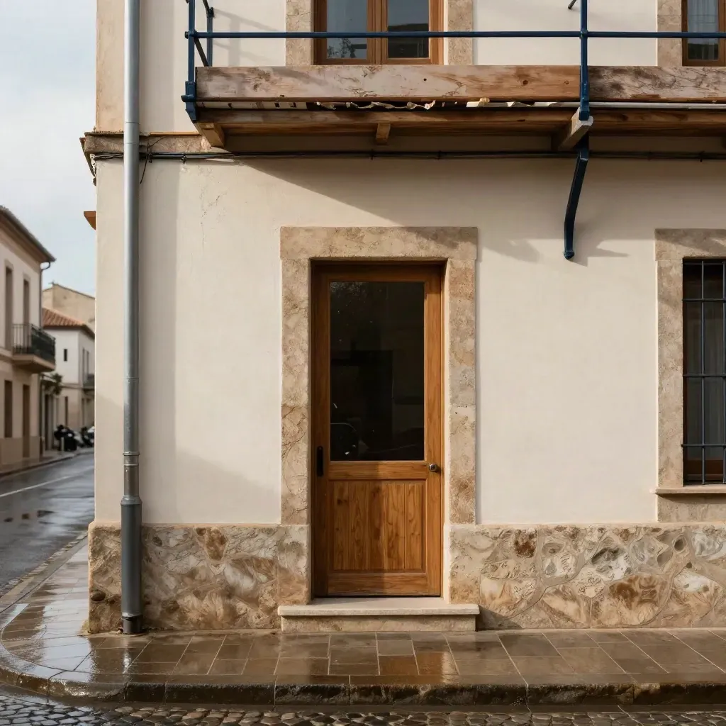Fachada rehabilitada con carpintería nueva y portal limpio tras retirar el andamio.