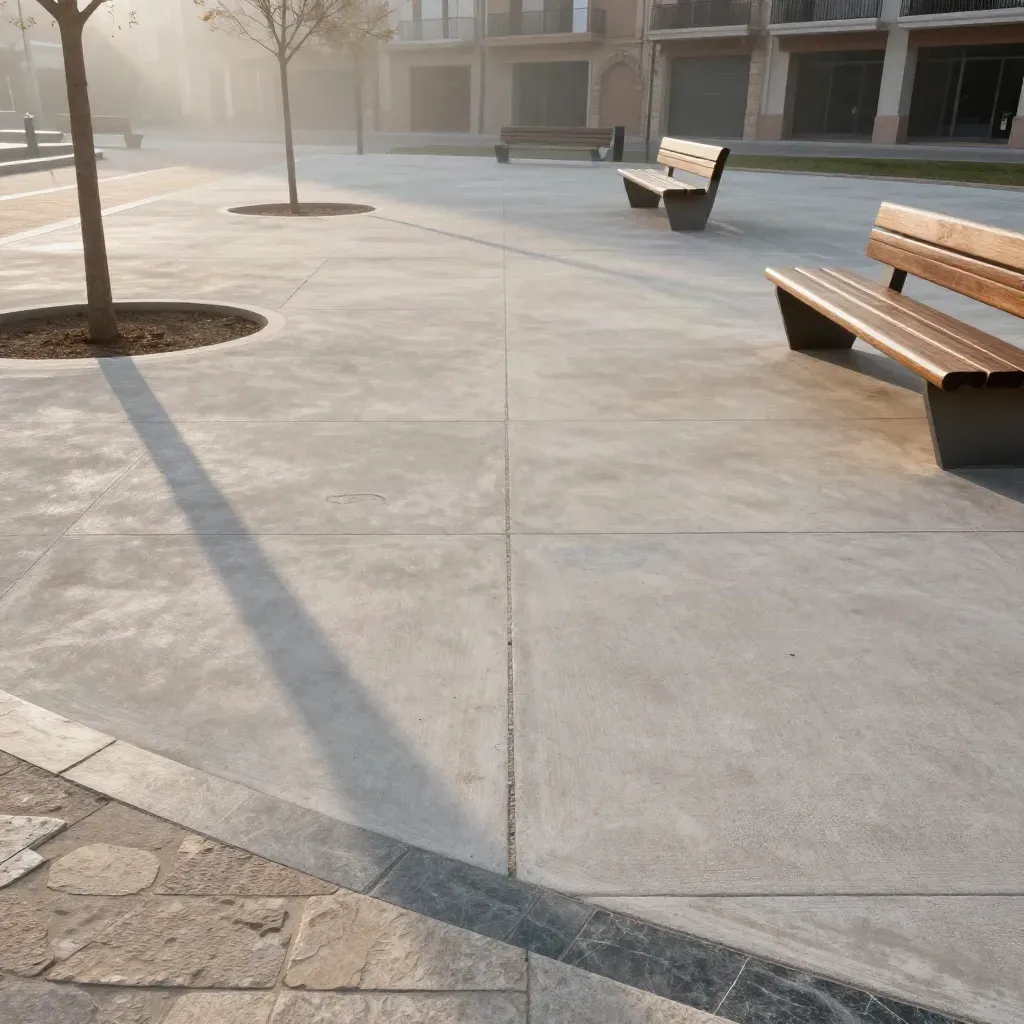 Plaza navarra recién terminada con pavimento continuo, bancos de madera y alcorques vacíos al amanecer