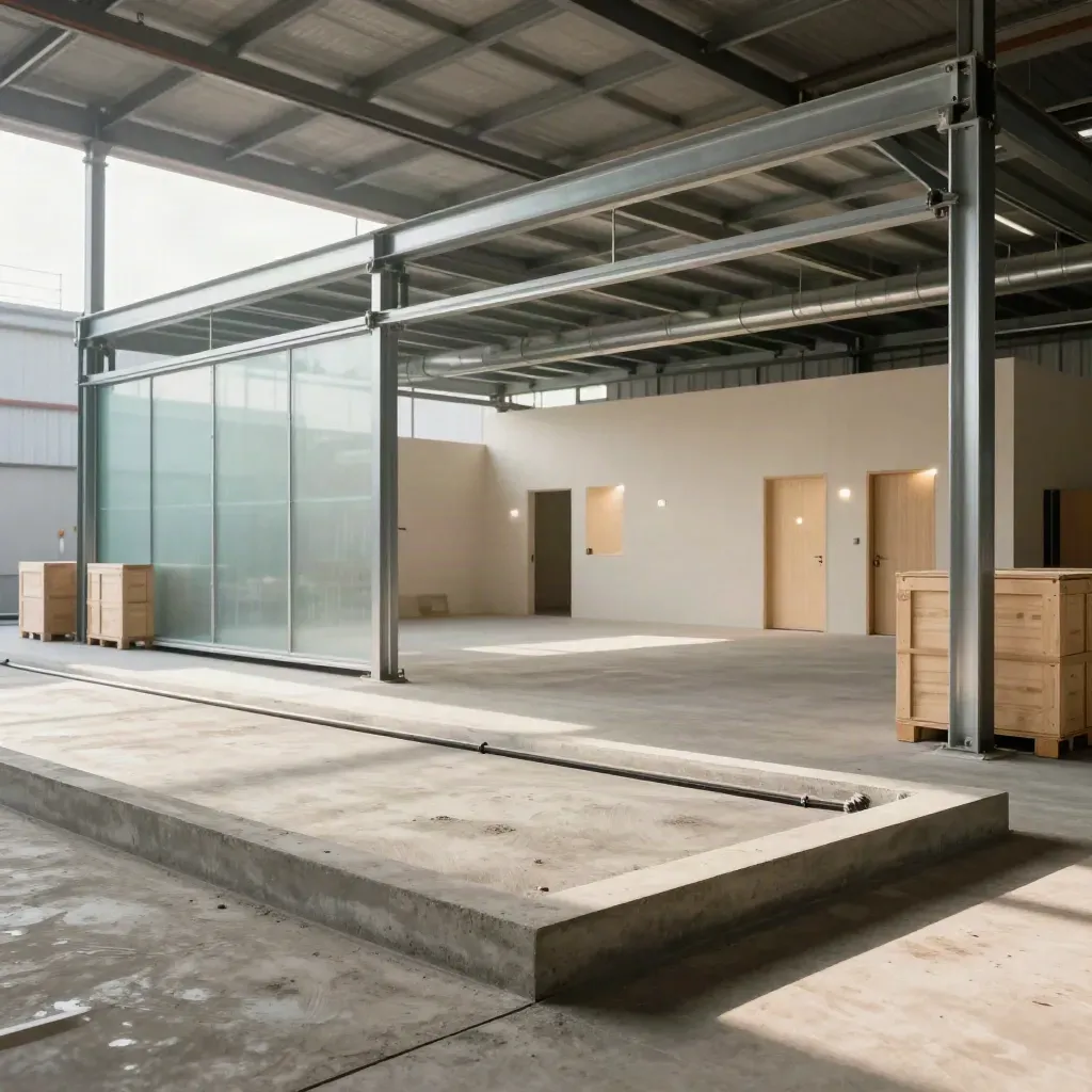 Nave industrial en obra por fases, con base, estructura y acabado en profundidad.