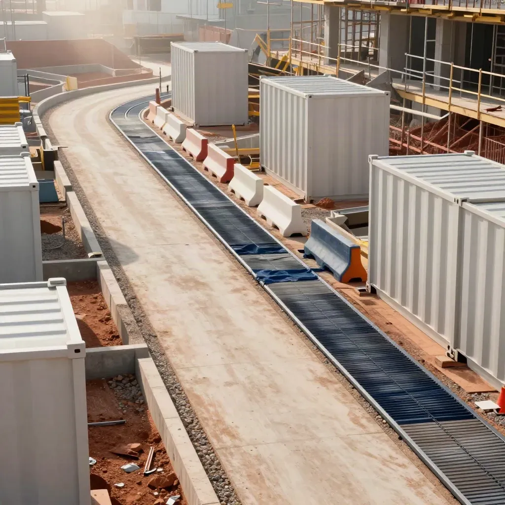 Patio técnico de obra con rutas peatonales y de servicio ordenadas en composición radial.