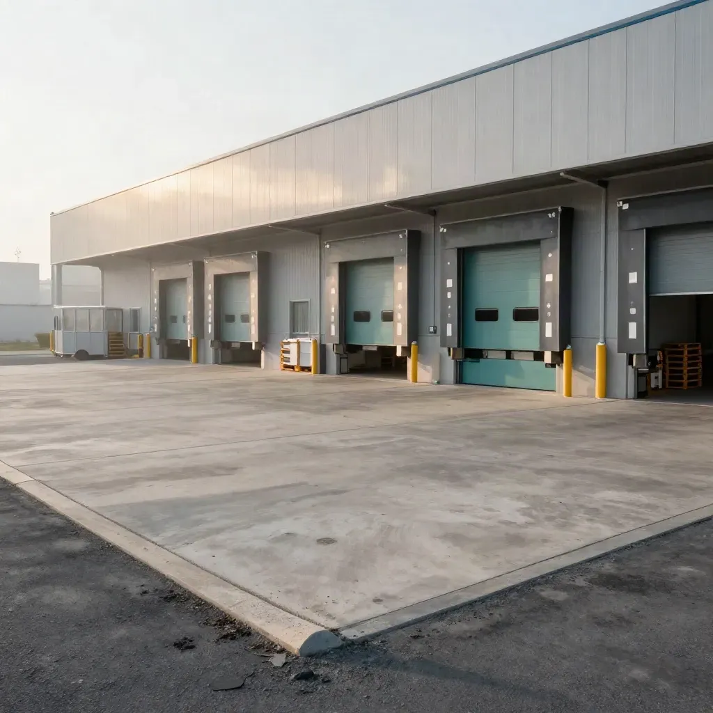 Nave industrial terminada en Noáin con muelle limpio y patio vacío al amanecer.