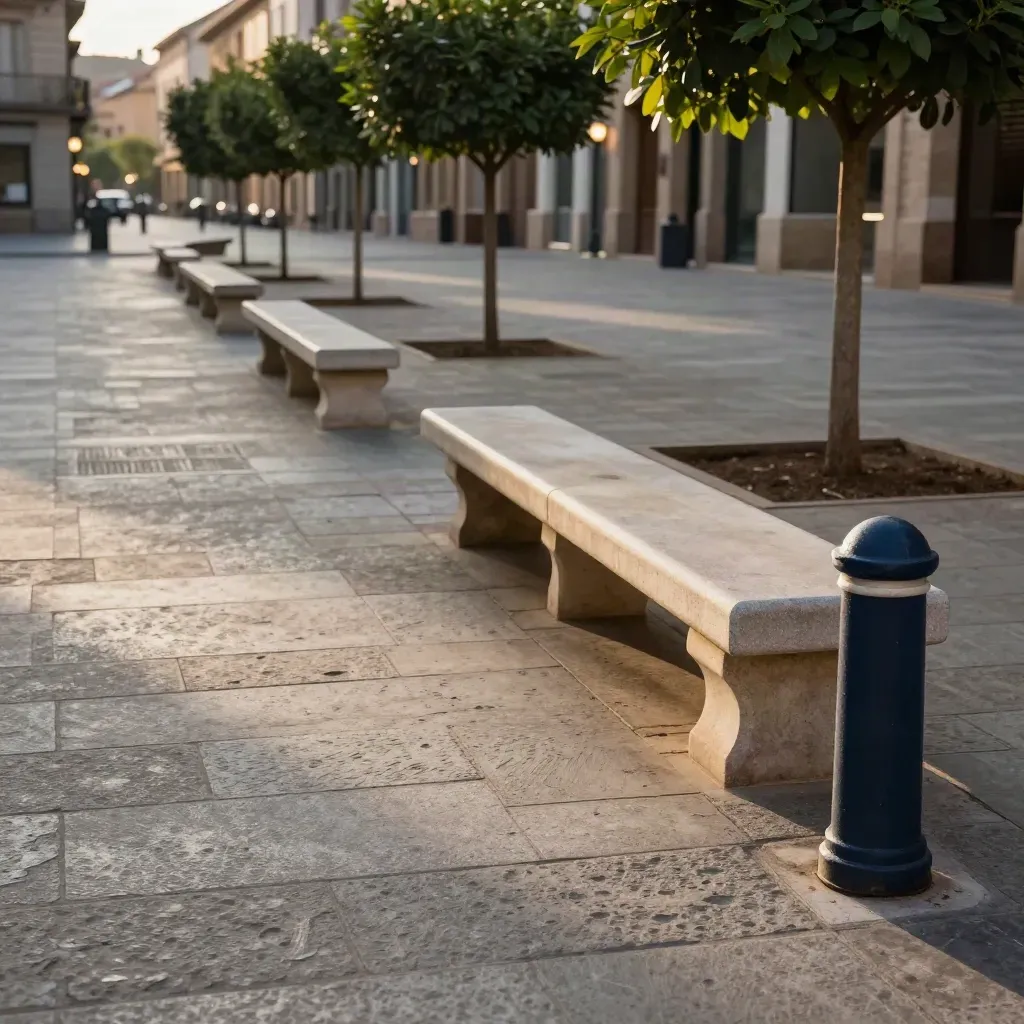 Plaza urbana restaurada en Tafalla con pavimento de piedra, bancos y arbolado joven al atardecer