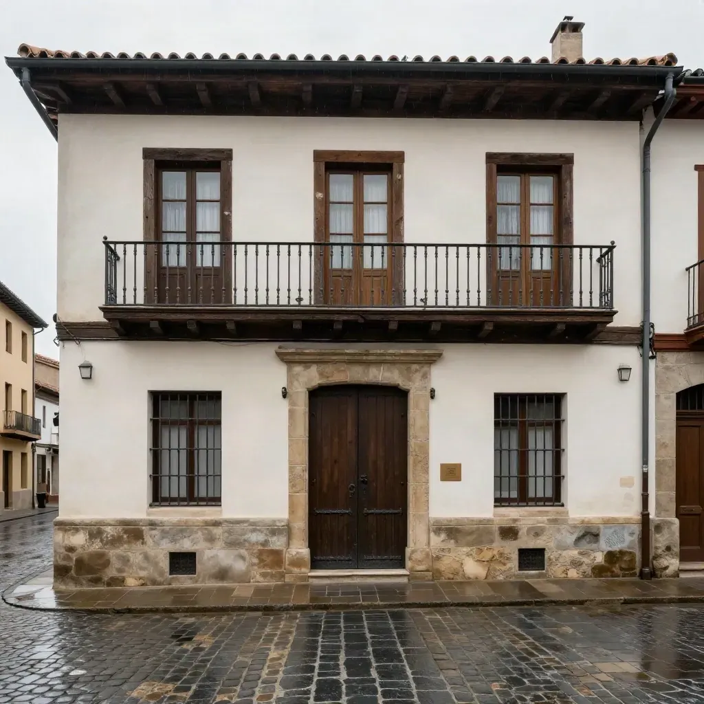 Fachada rehabilitada en el casco de Pamplona, con carpintería nueva y portal limpio tras la lluvia.
