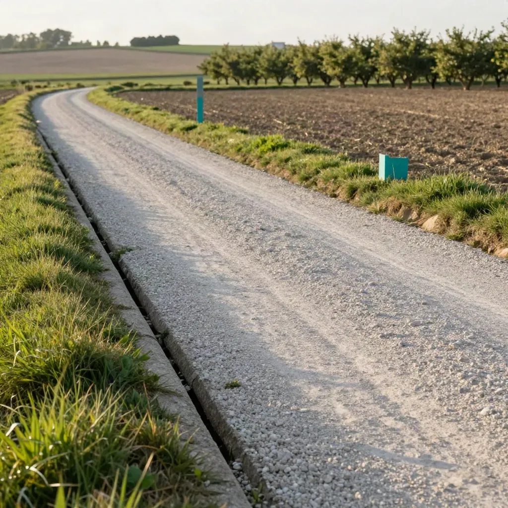 Parcela viable cerca de Tudela, con acceso definido, cuneta seca y borde agrícola bajo luz cálida.