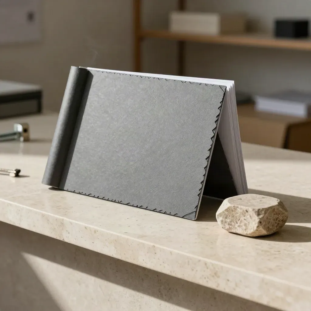 Maqueta gris, carpeta rígida y piedra de peso sobre travertino, en luz dramática.