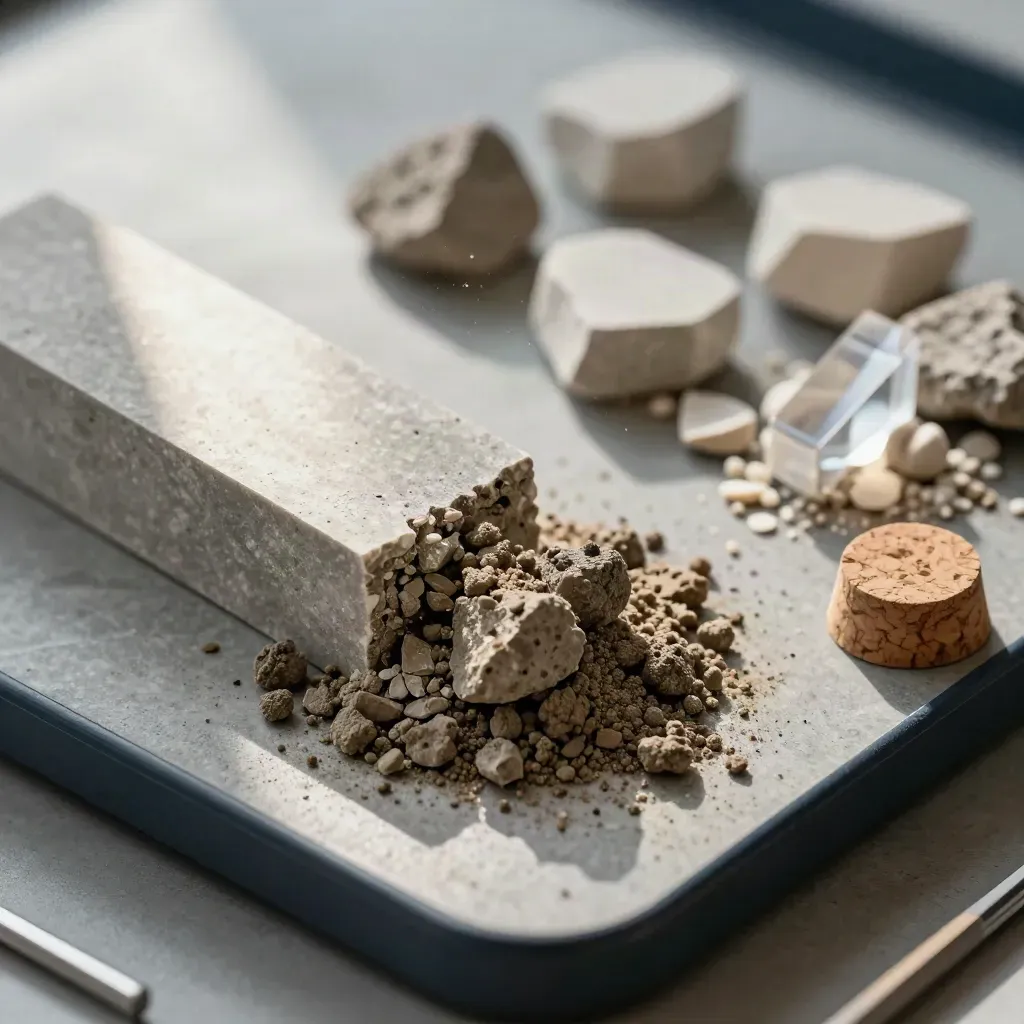 Muestras de suelo, virutas de piedra, prismas acrílicos y corcho sobre bandeja de análisis.