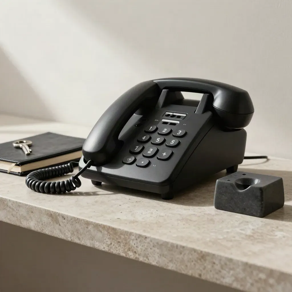 Teléfono negro, cuaderno y llave sobre piedra, con luz suave lateral y aire tenso.