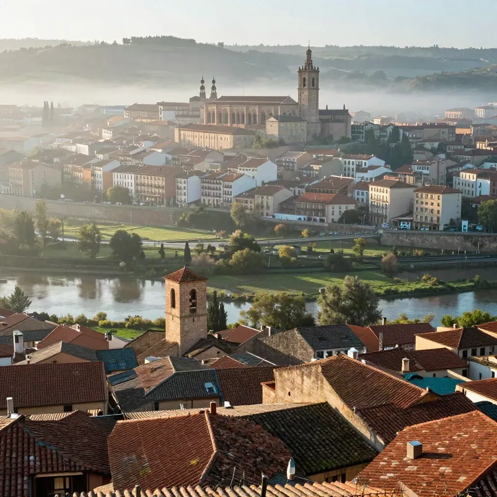 Vista alta de Pamplona con niebla abriéndose y el valle verde bajo la ciudad.