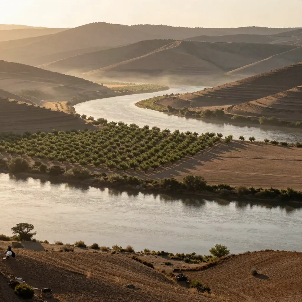 Meandro del Ebro con huertas y chopos cerca de Tudela, luz dorada y colinas secas.