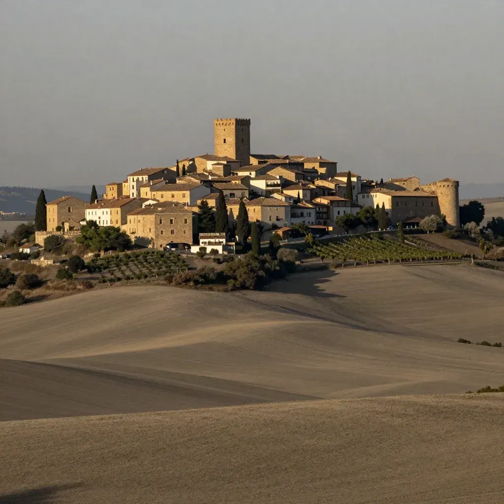 Castillo de Olite al atardecer sobre colinas y viñedos en la Zona Media