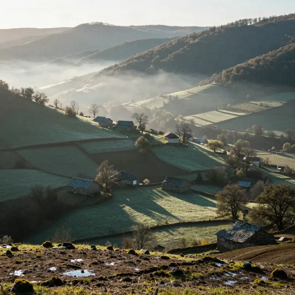 Valle del Baztan con caseríos de piedra, bosques húmedos y niebla baja al amanecer.