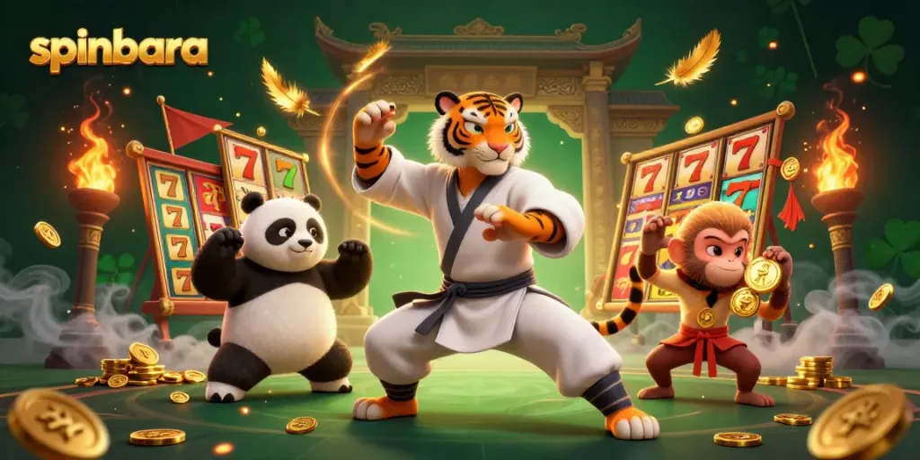 Spinbara engages players with a dynamic scene featuring a kung fu tiger and lucky gambling elements
